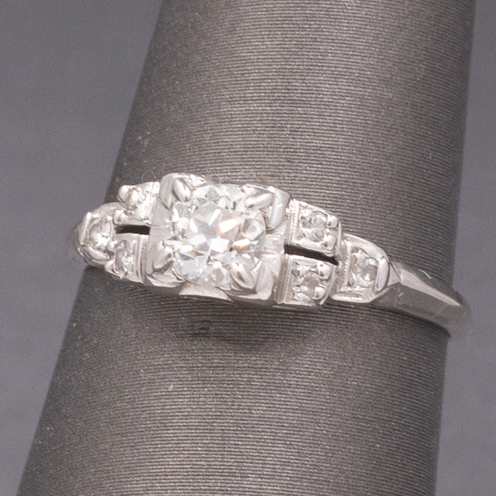 
Petite Art Deco Old European Cut Diamond Engagement Ring in 18k White Gold
