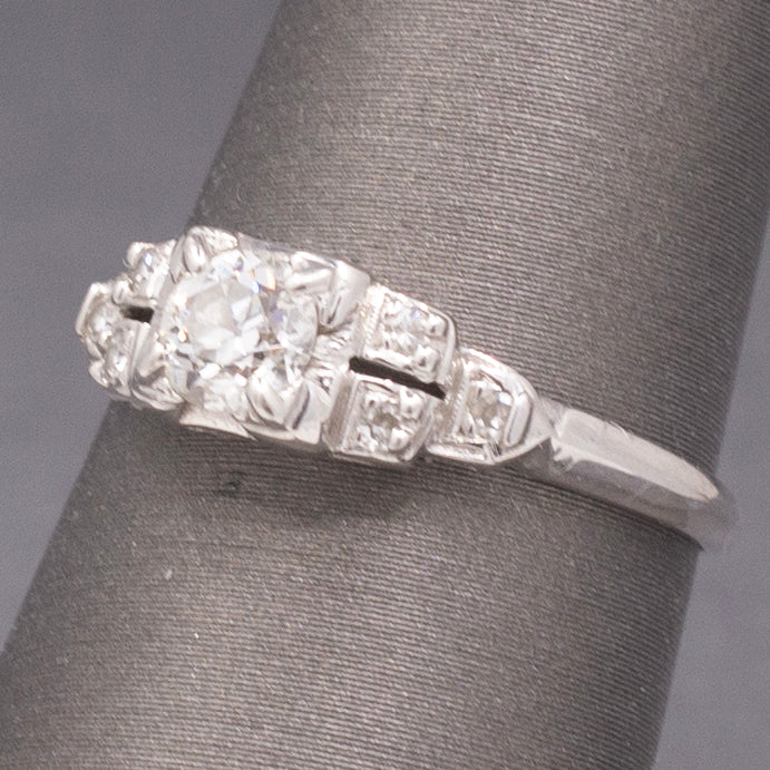 
Petite Art Deco Old European Cut Diamond Engagement Ring in 18k White Gold
