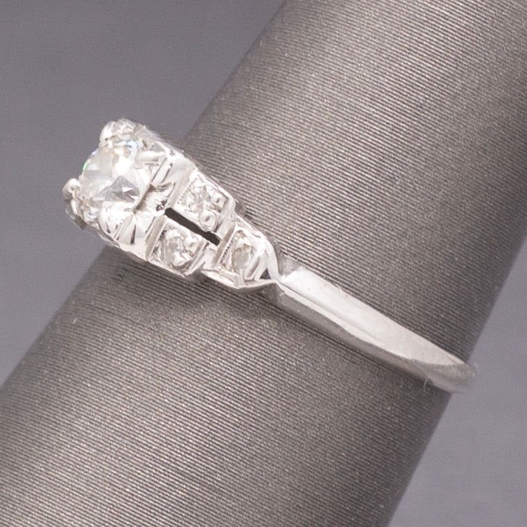 
Petite Art Deco Old European Cut Diamond Engagement Ring in 18k White Gold
