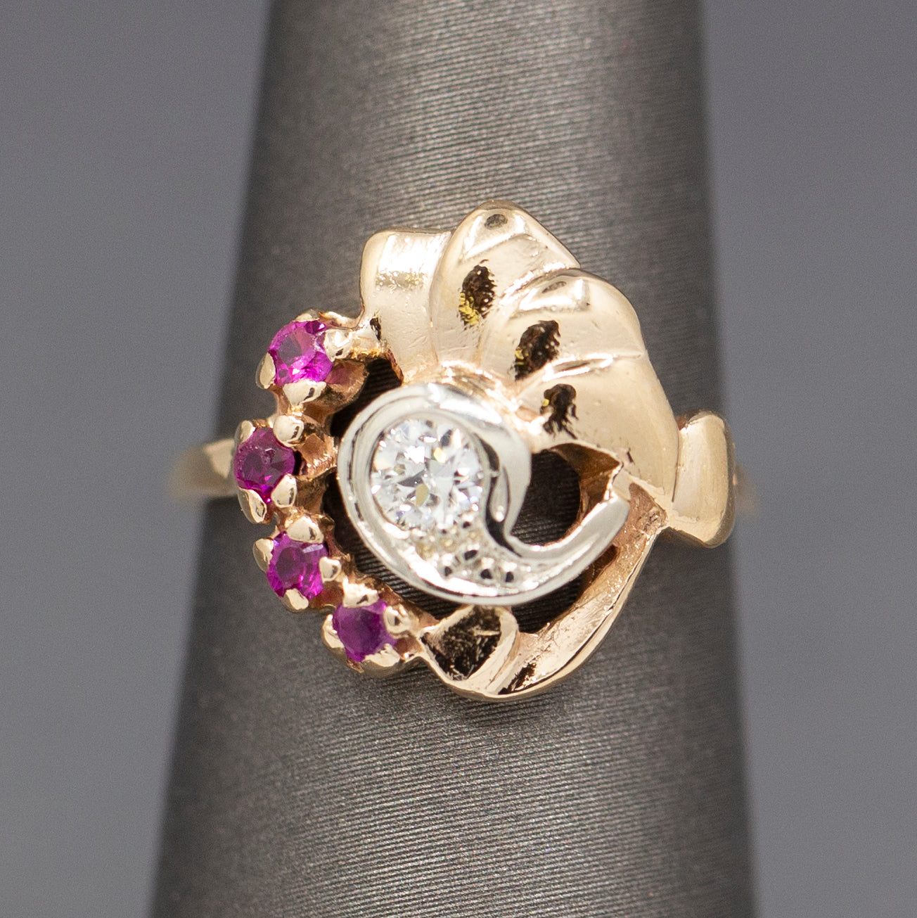 Vintage Retro Ruby and Old European Cut Diamond Ring in 14k Rose Gold