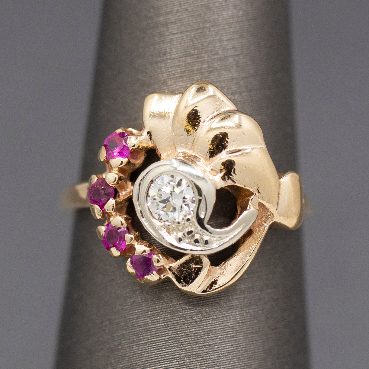 Vintage Retro Ruby and Old European Cut Diamond Ring in 14k Rose Gold