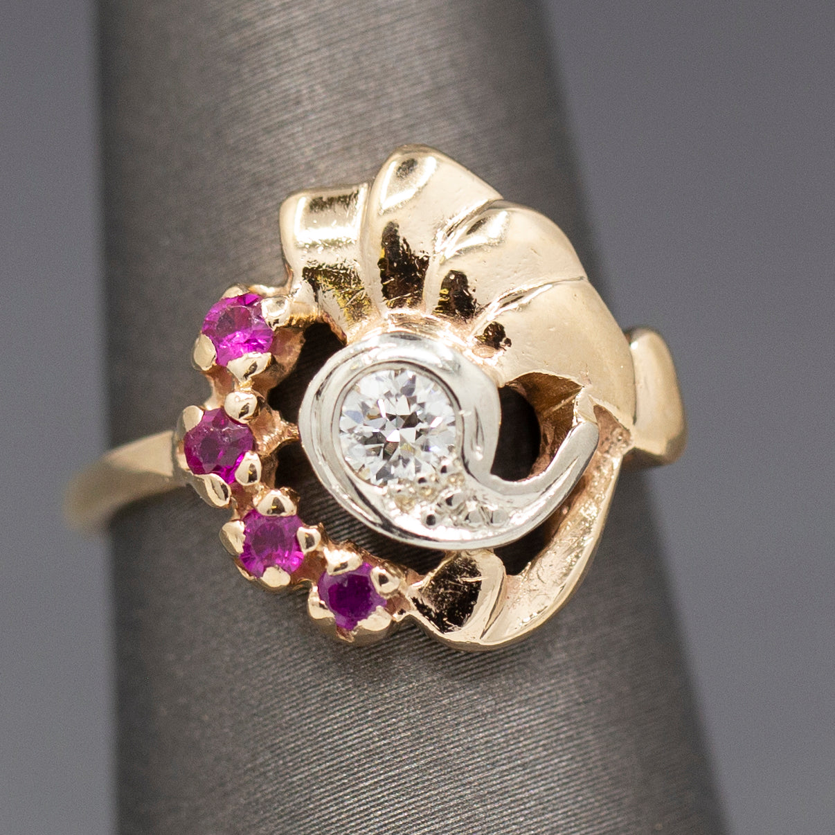Vintage Retro Ruby and Old European Cut Diamond Ring in 14k Rose Gold