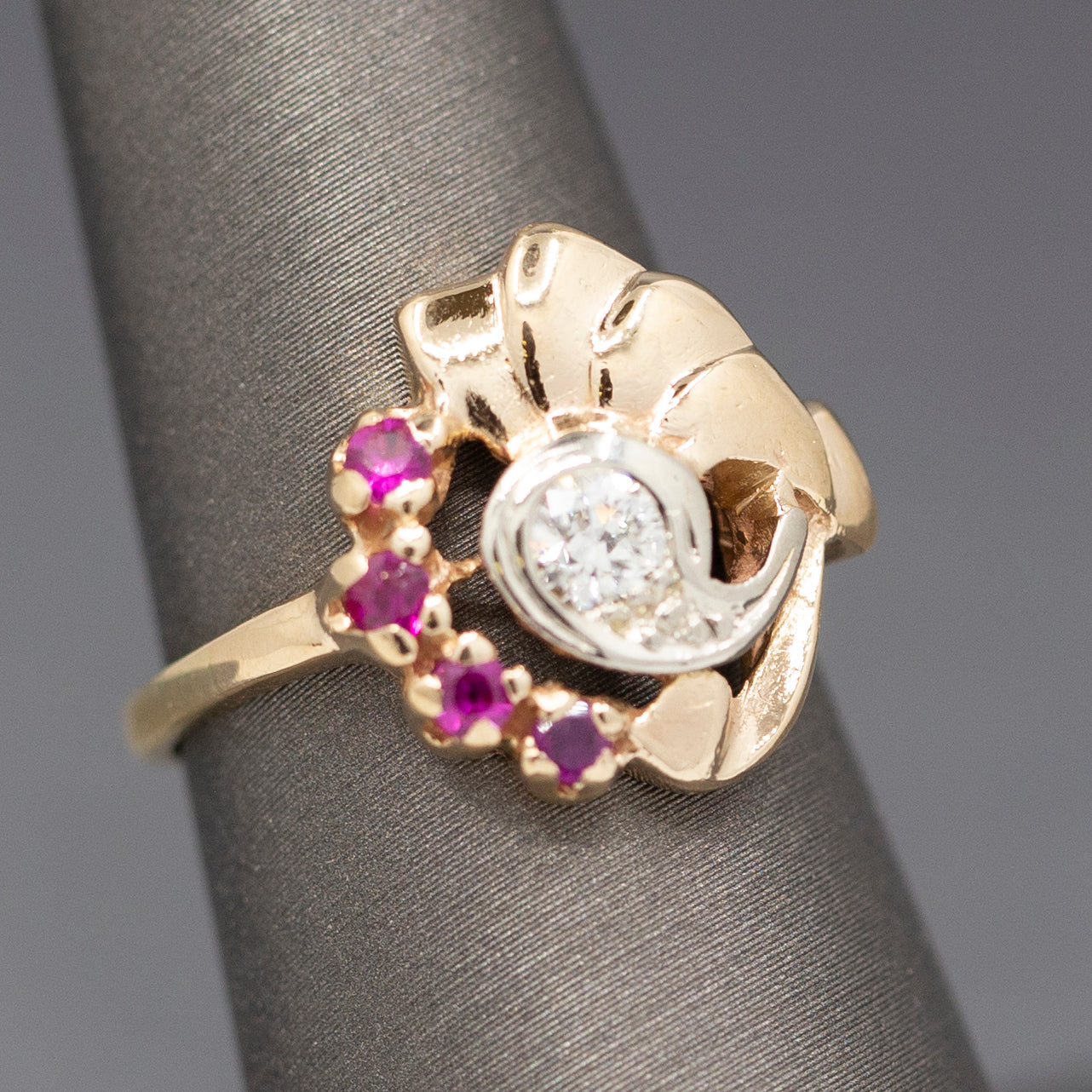 Vintage Retro Ruby and Old European Cut Diamond Ring in 14k Rose Gold