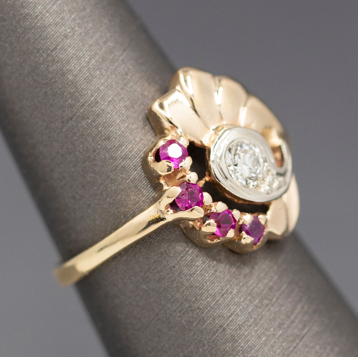 Vintage Retro Ruby and Old European Cut Diamond Ring in 14k Rose Gold