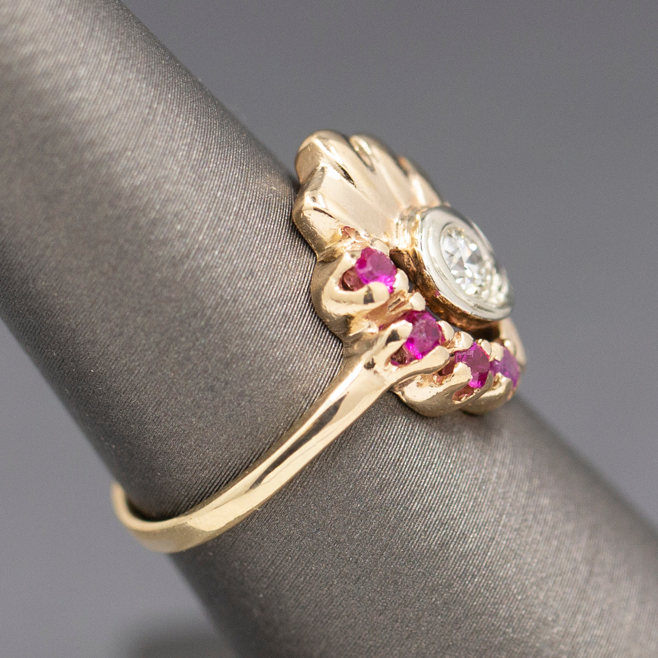 Vintage Retro Ruby and Old European Cut Diamond Ring in 14k Rose Gold