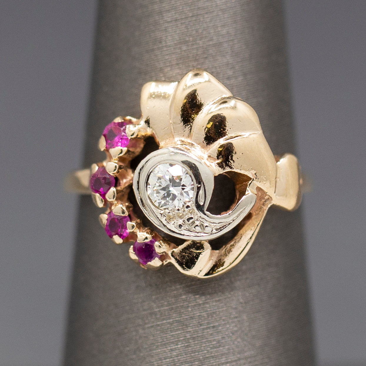 Vintage Retro Ruby and Old European Cut Diamond Ring in 14k Rose Gold