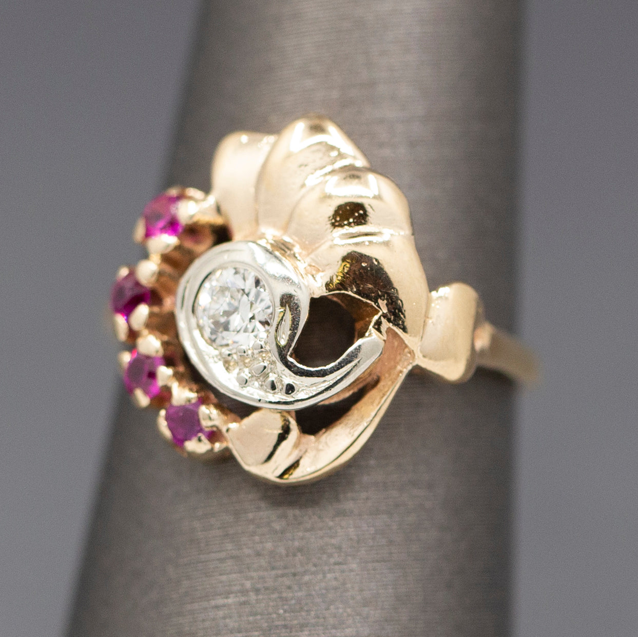 Vintage Retro Ruby and Old European Cut Diamond Ring in 14k Rose Gold