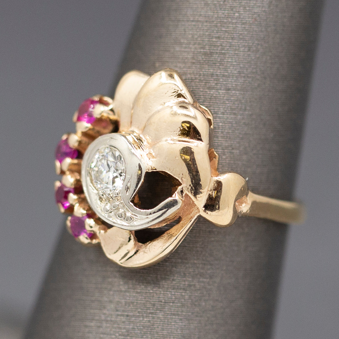 Vintage Retro Ruby and Old European Cut Diamond Ring in 14k Rose Gold