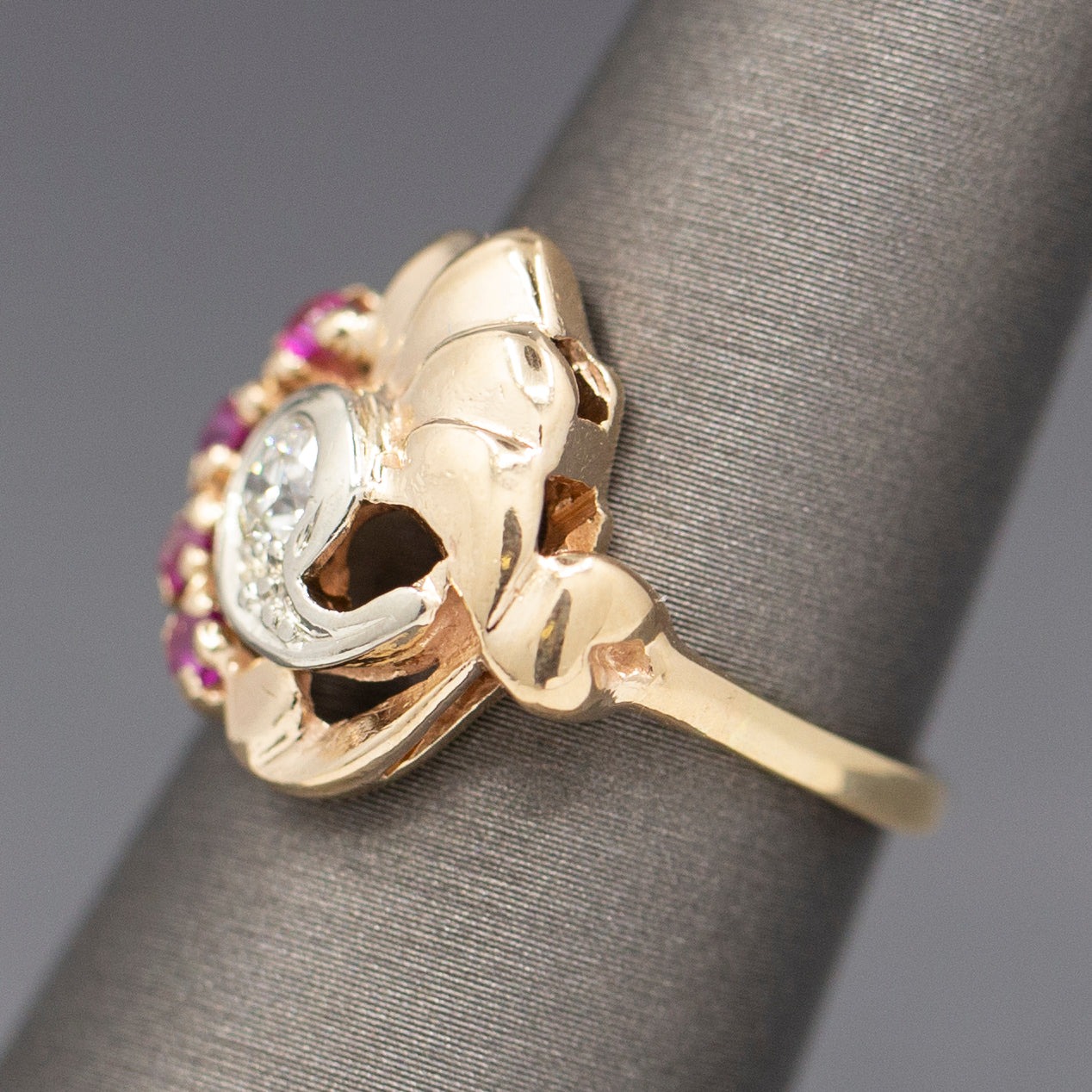 Vintage Retro Ruby and Old European Cut Diamond Ring in 14k Rose Gold