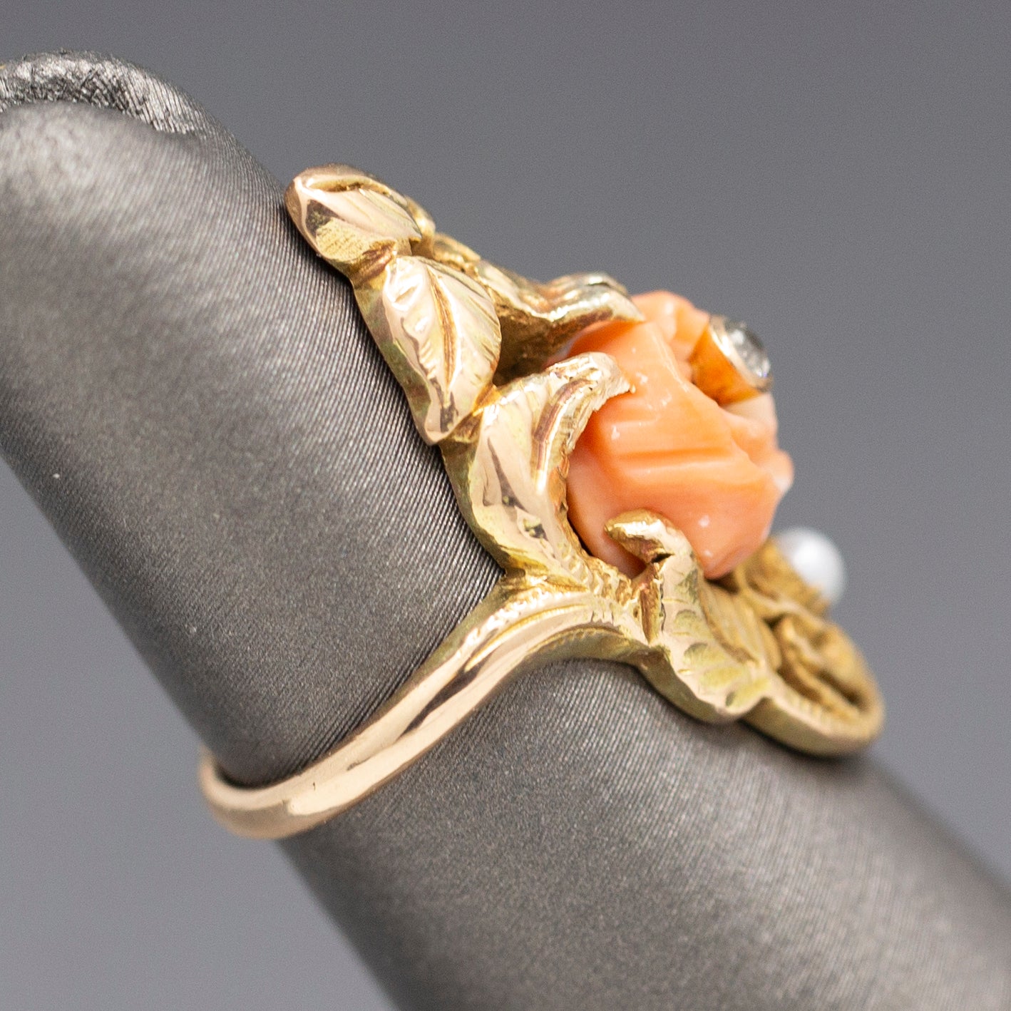 Romantic Art Nouveau Coral Diamond and Pearl Dinner Ring in 14k Yellow Gold