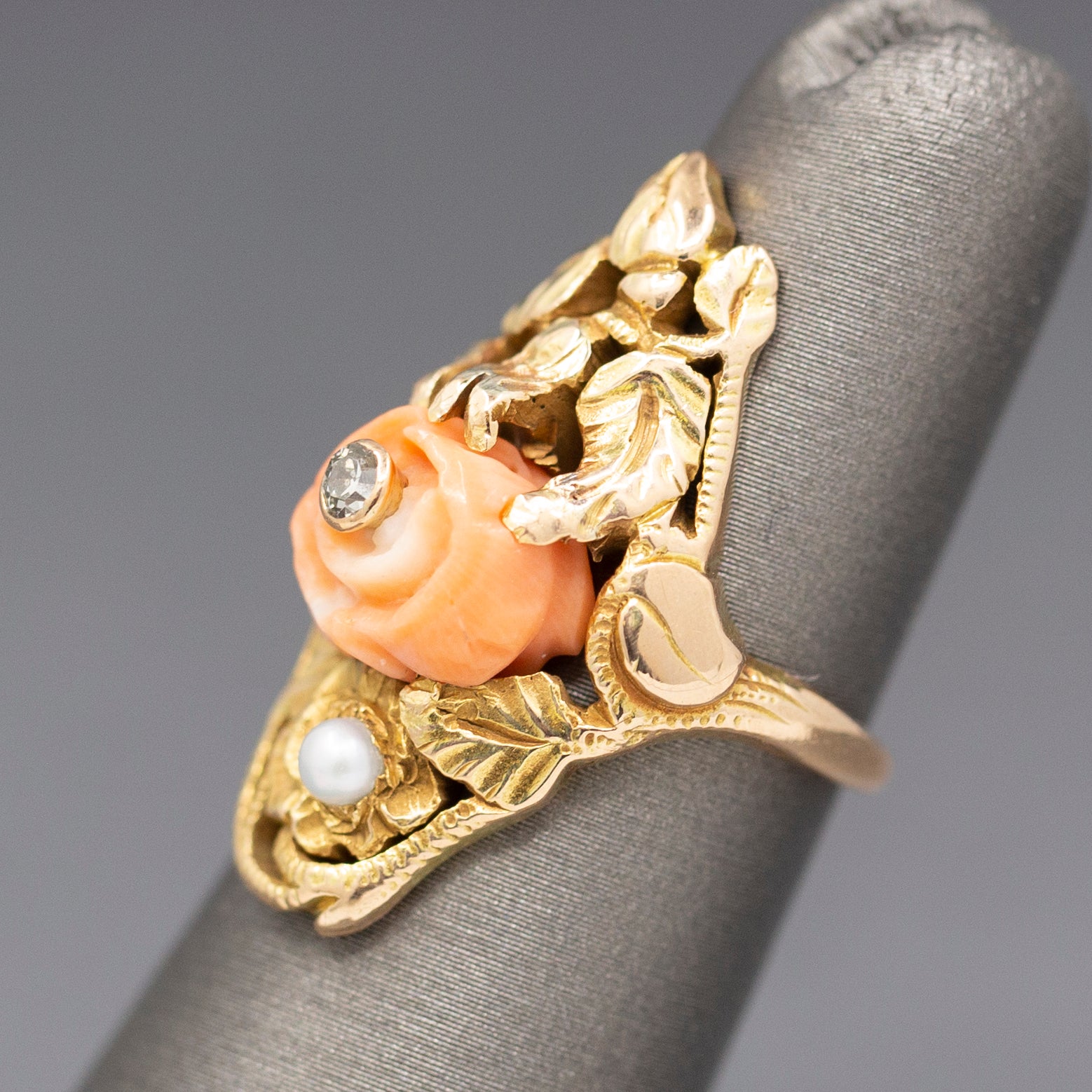 Romantic Art Nouveau Coral Diamond and Pearl Dinner Ring in 14k Yellow Gold