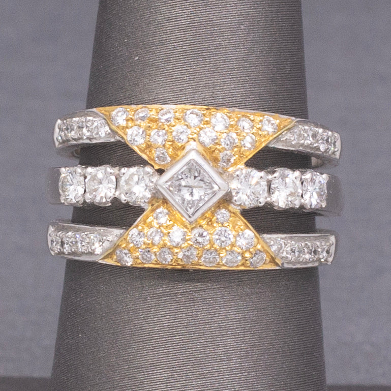 Modern Triple Row Two Tone Diamond Band Ring in 18k Yellow and White Gold