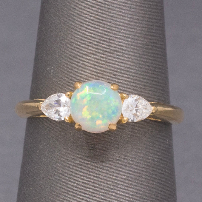 Gorgeous Opal and Pear Cut Diamond Three Stone Ring in 18k Yellow Gold