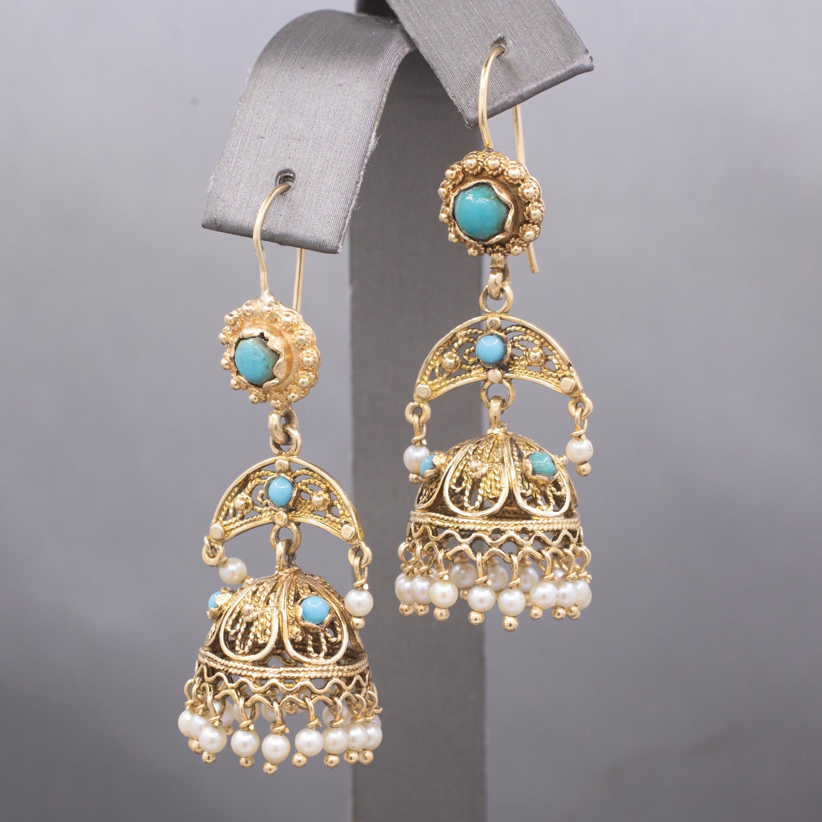 Antique Victorian Etruscan Revival Turquoise & Seed Pearl Jhumka Drop Earrings in 14k Gold