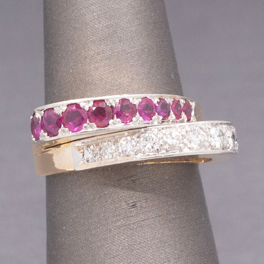 Vintage Retro 14k Yellow Gold & Platinum Ruby and Diamond Bypass Ring
