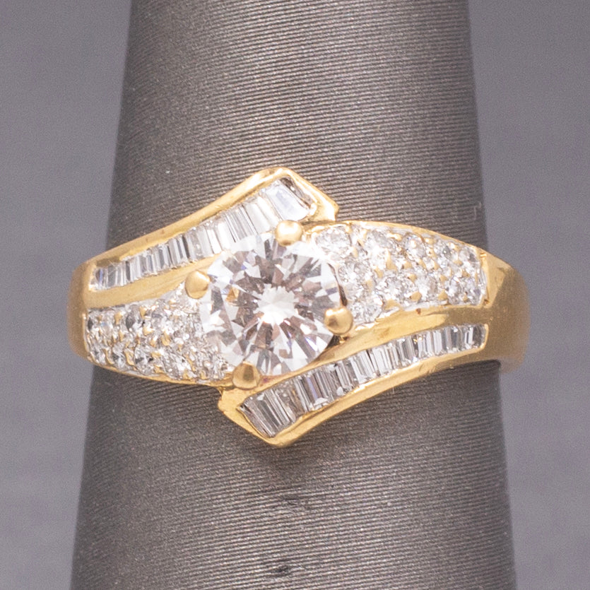 Sparkling Diamond Pave' and Baguette Bypass Ring in 14k Yellow Gold