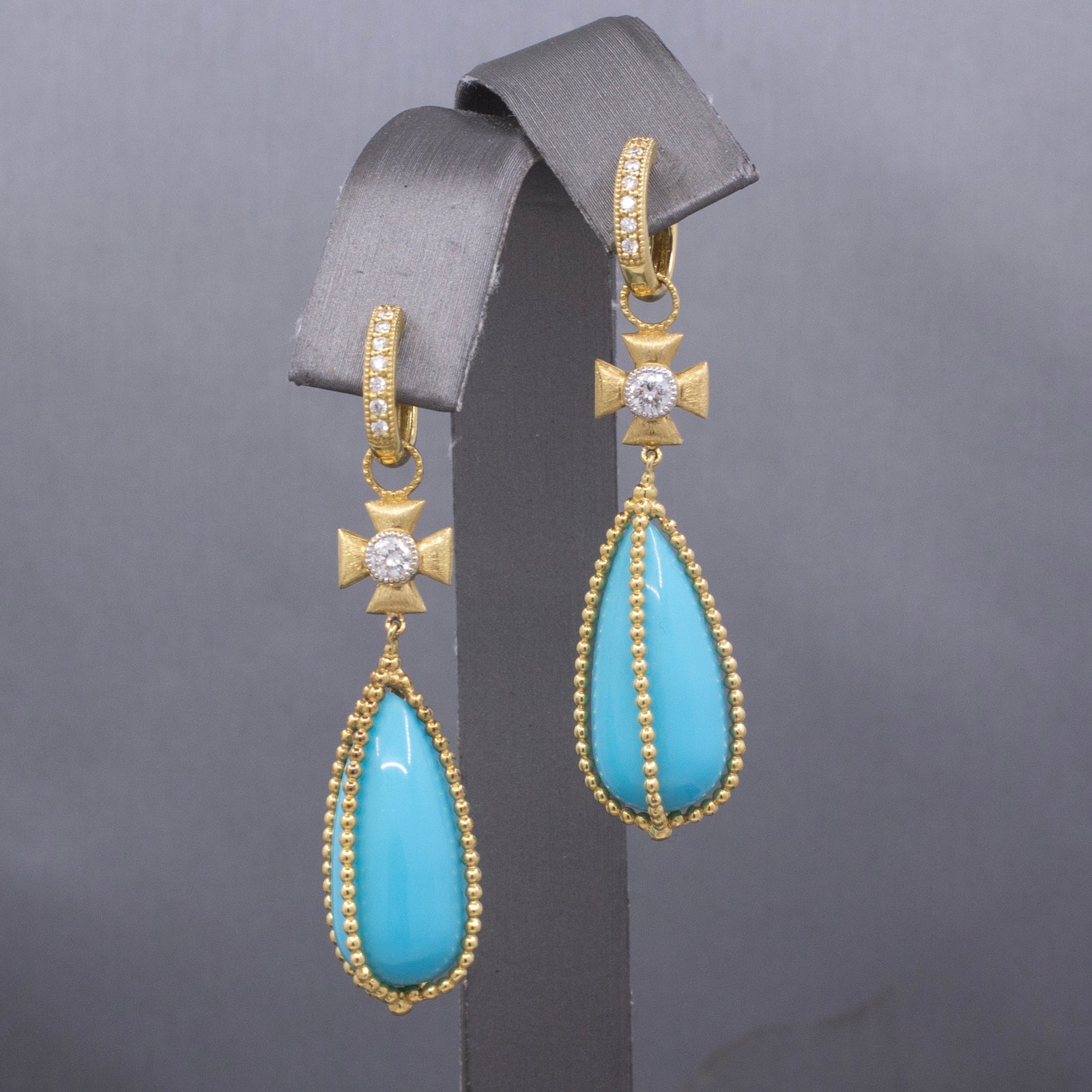 Lavish Mini Diamond Hoop and Caged Turquoise Drop Earrings in 18k Yellow Gold
