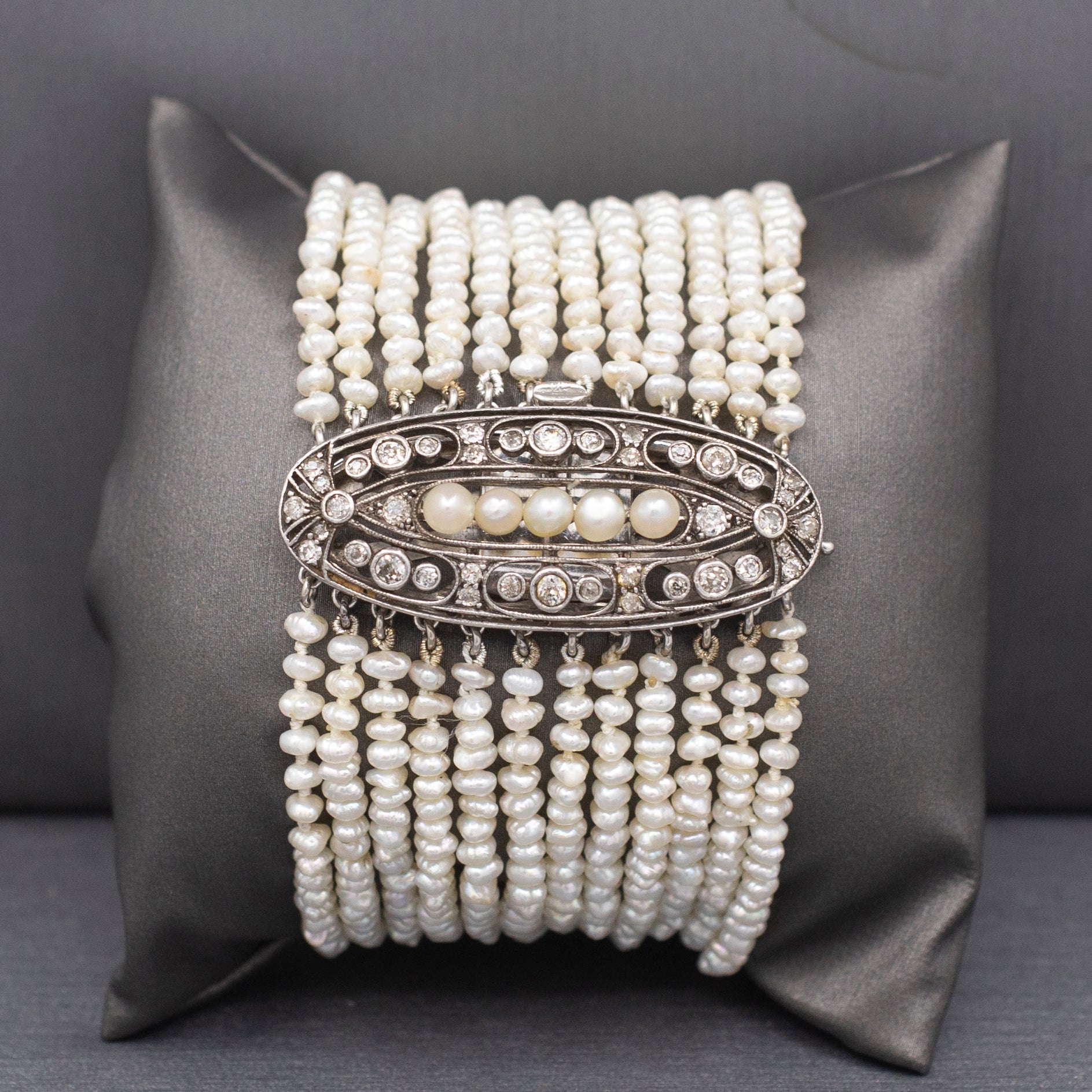 Exquisite Antique Victorian 12 Row Pearl and Old European Cut Diamond Bracelet Size Extra-Small