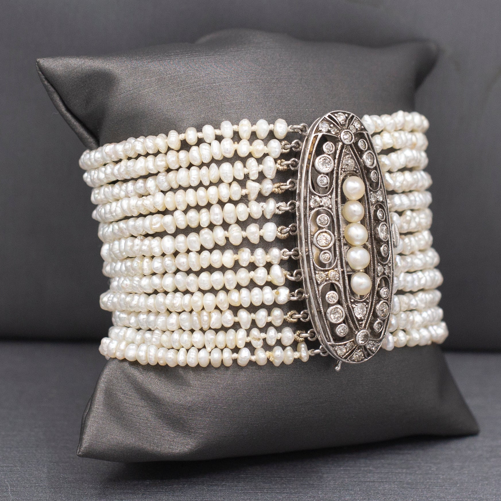 Exquisite Antique Victorian 12 Row Pearl and Old European Cut Diamond Bracelet Size Extra-Small