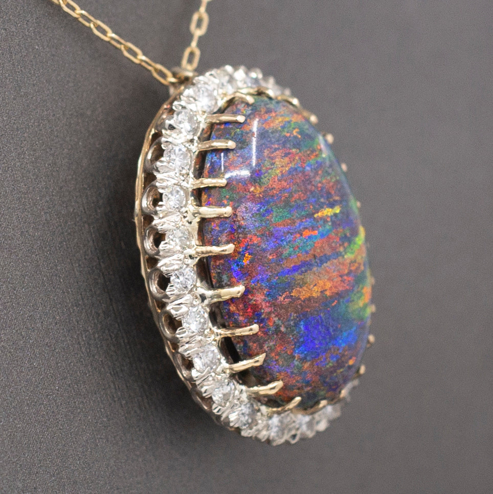 Exquisite Black Opal and Diamond Convertible Ring to Pendant in 14k White Gold