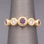 Handcrafted Rhodolite Garnet and Diamond Bezel Set Band Ring in 14k Yellow Gold
