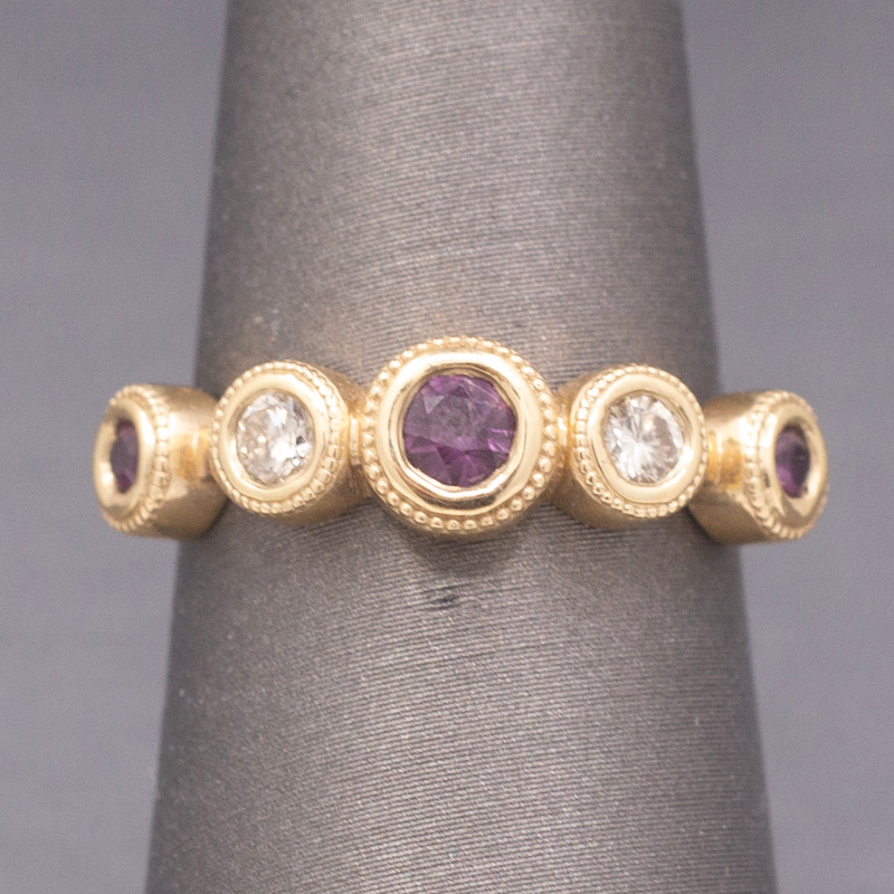 Handcrafted Rhodolite Garnet and Diamond Bezel Set Band Ring in 14k Yellow Gold