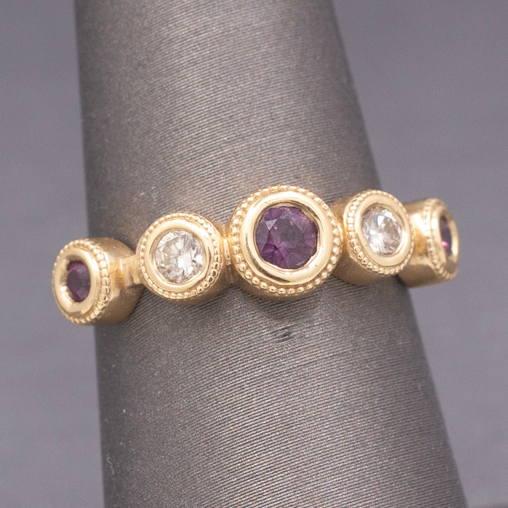 Handcrafted Rhodolite Garnet and Diamond Bezel Set Band Ring in 14k Yellow Gold