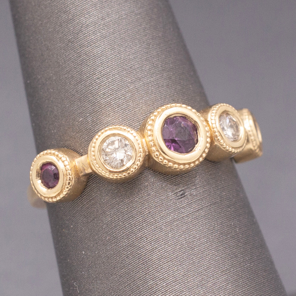 Handcrafted Rhodolite Garnet and Diamond Bezel Set Band Ring in 14k Yellow Gold