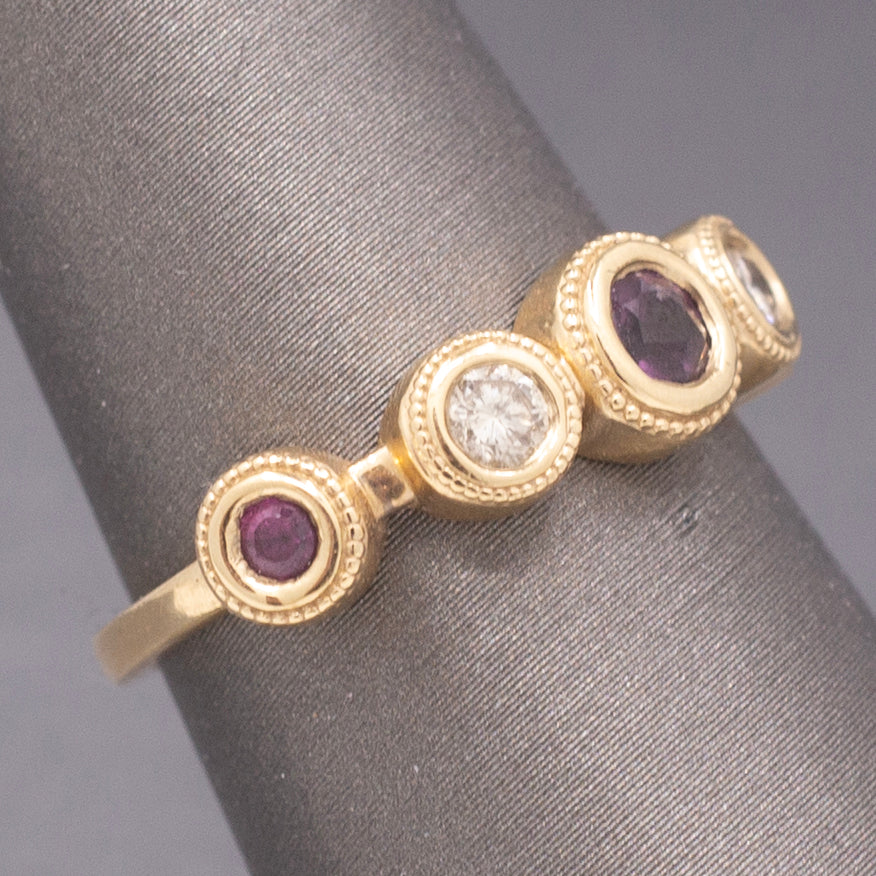 Handcrafted Rhodolite Garnet and Diamond Bezel Set Band Ring in 14k Yellow Gold