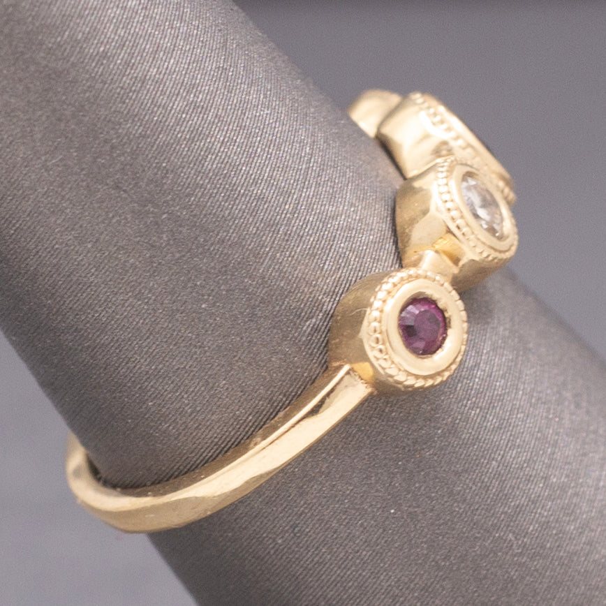 Handcrafted Rhodolite Garnet and Diamond Bezel Set Band Ring in 14k Yellow Gold