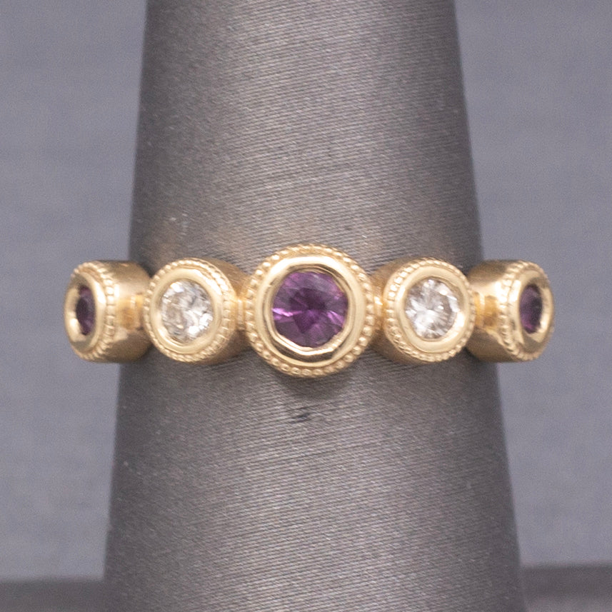Handcrafted Rhodolite Garnet and Diamond Bezel Set Band Ring in 14k Yellow Gold