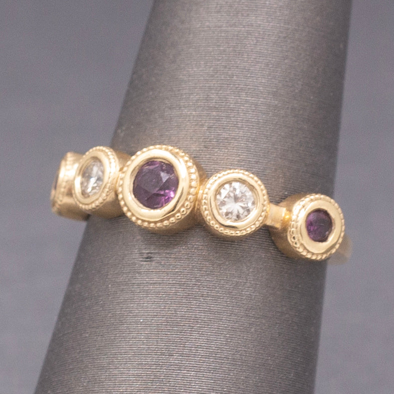 Handcrafted Rhodolite Garnet and Diamond Bezel Set Band Ring in 14k Yellow Gold