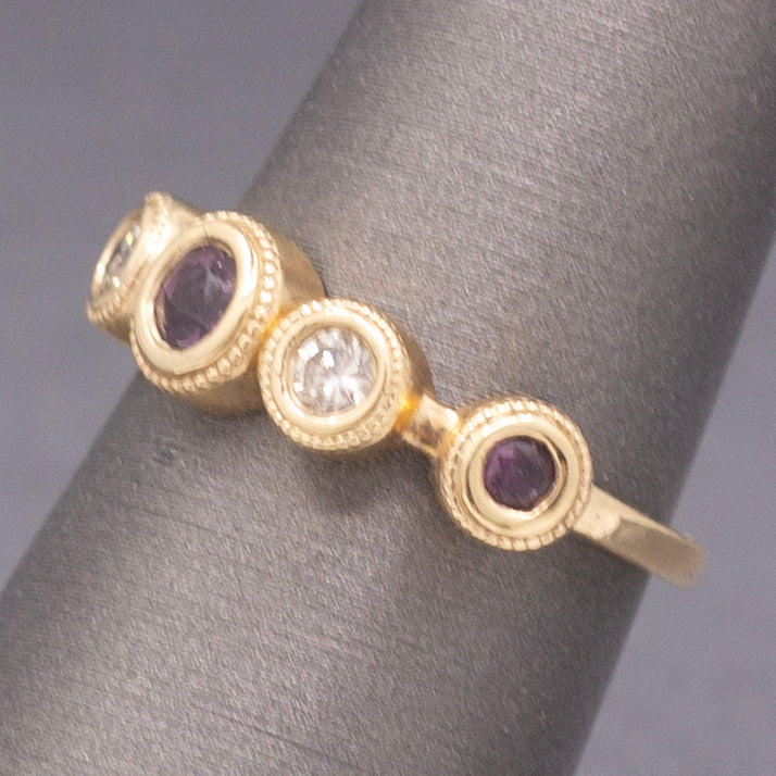 Handcrafted Rhodolite Garnet and Diamond Bezel Set Band Ring in 14k Yellow Gold