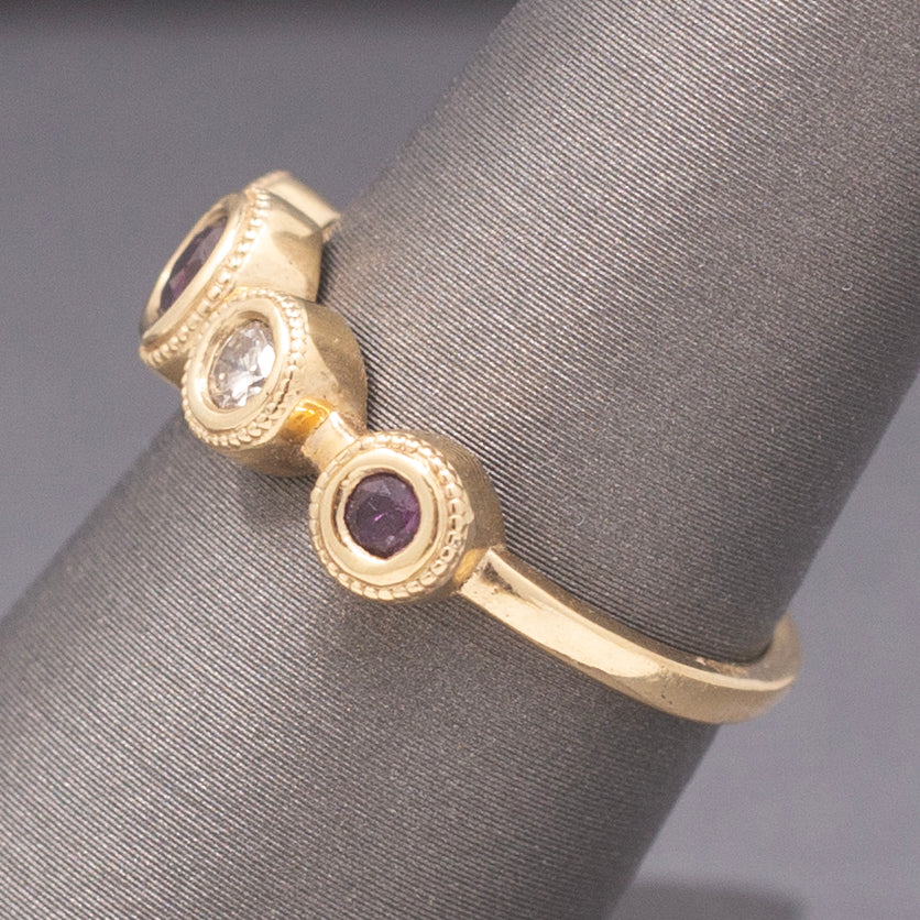 Handcrafted Rhodolite Garnet and Diamond Bezel Set Band Ring in 14k Yellow Gold