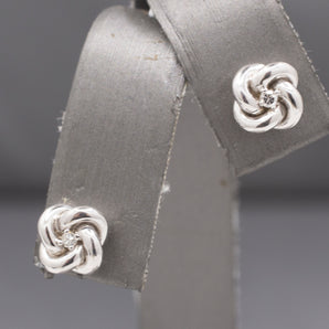 Petite Single Cut Diamond Love Knot Earrings in 14k Solid White Gold