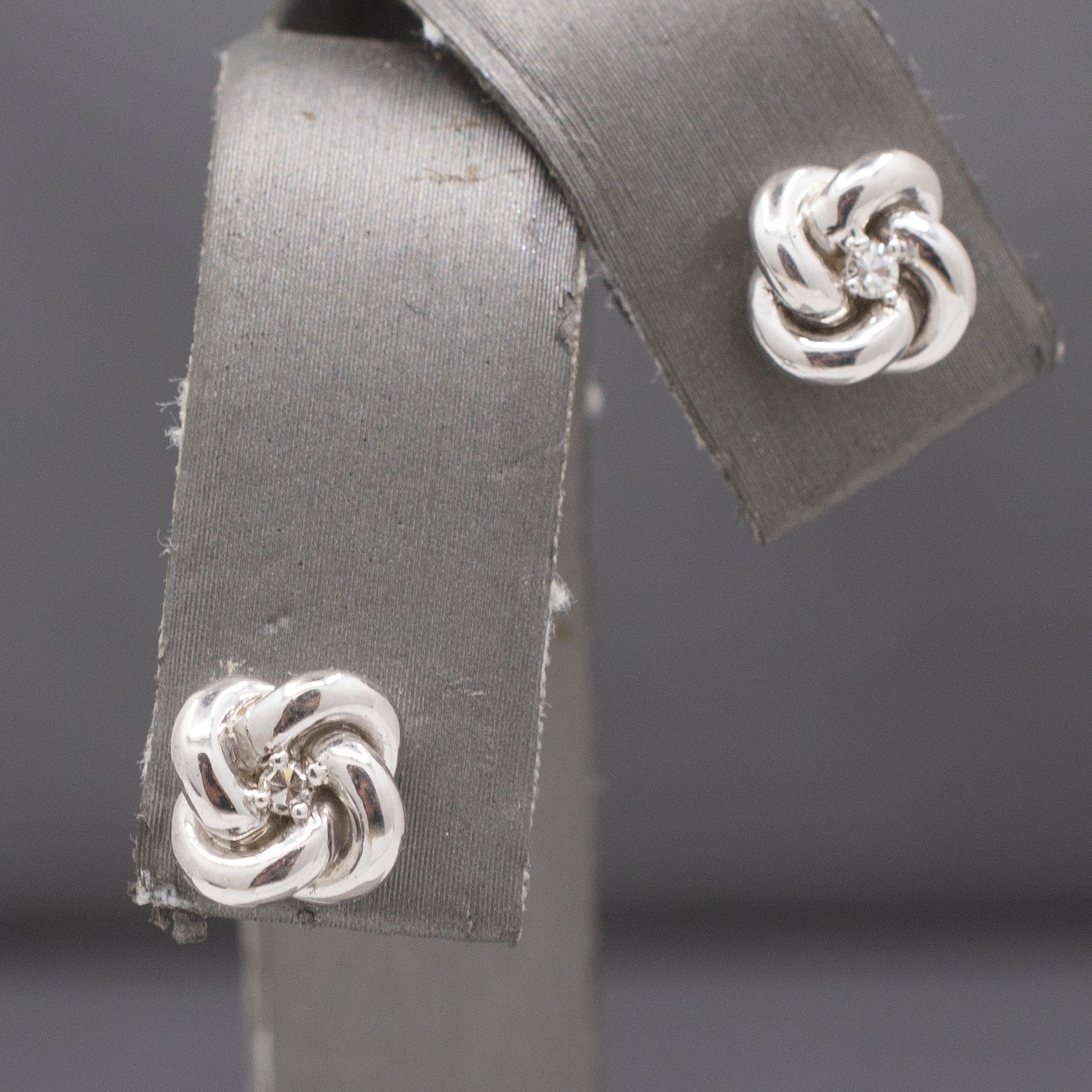 Petite Single Cut Diamond Love Knot Earrings in 14k Solid White Gold