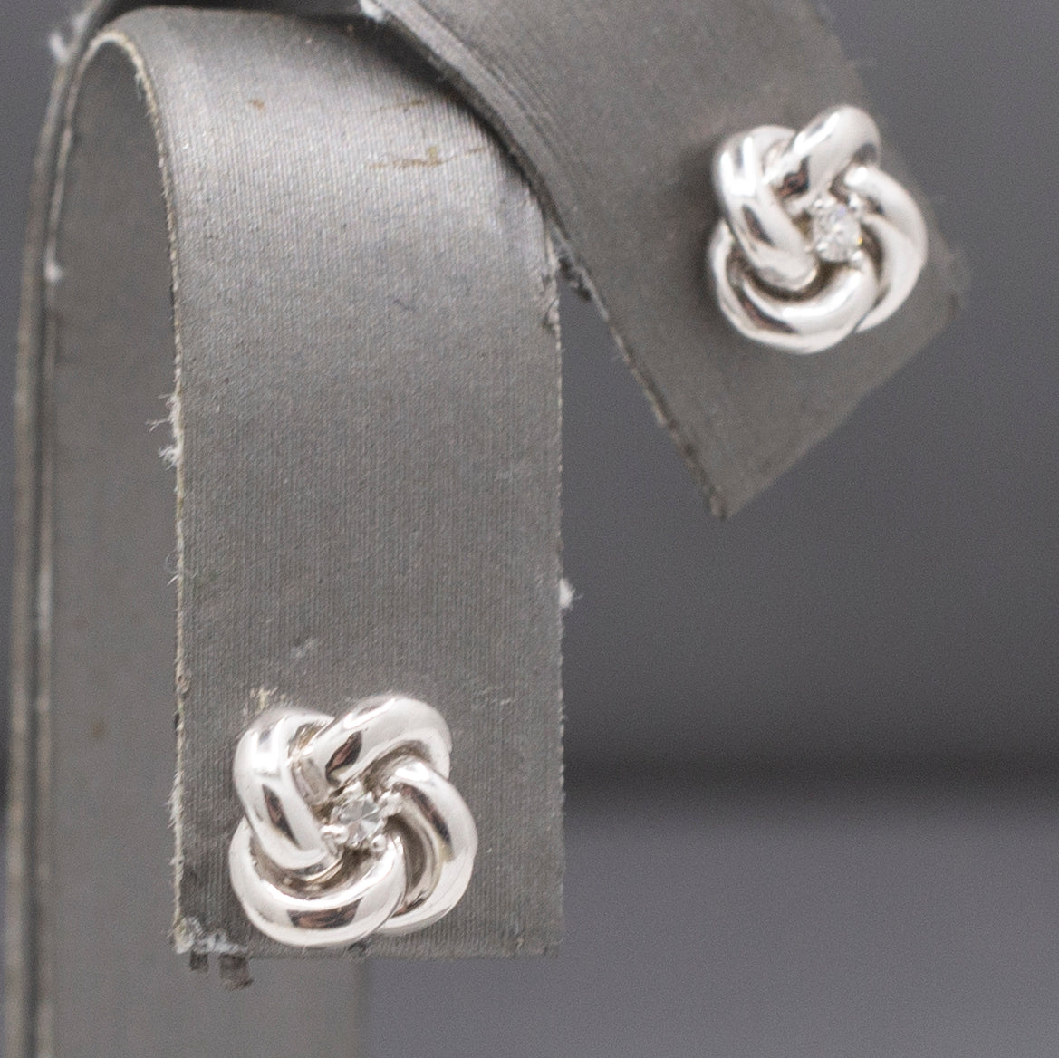 Petite Single Cut Diamond Love Knot Earrings in 14k Solid White Gold
