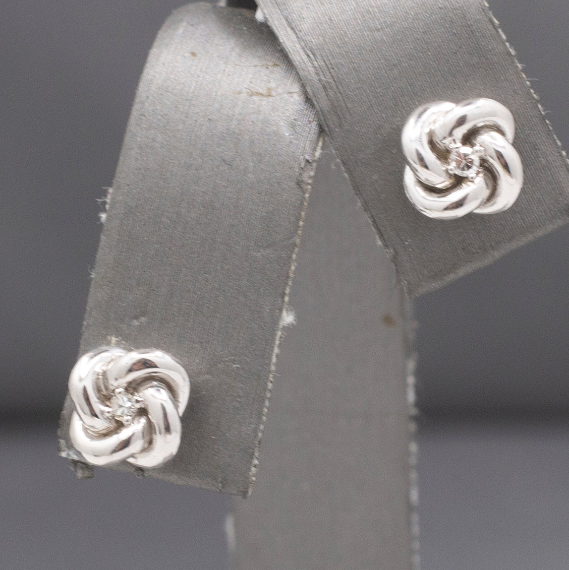 Petite Single Cut Diamond Love Knot Earrings in 14k Solid White Gold