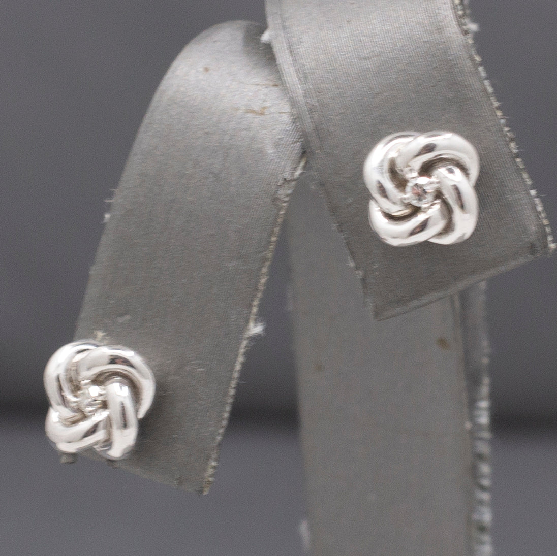 Petite Single Cut Diamond Love Knot Earrings in 14k Solid White Gold