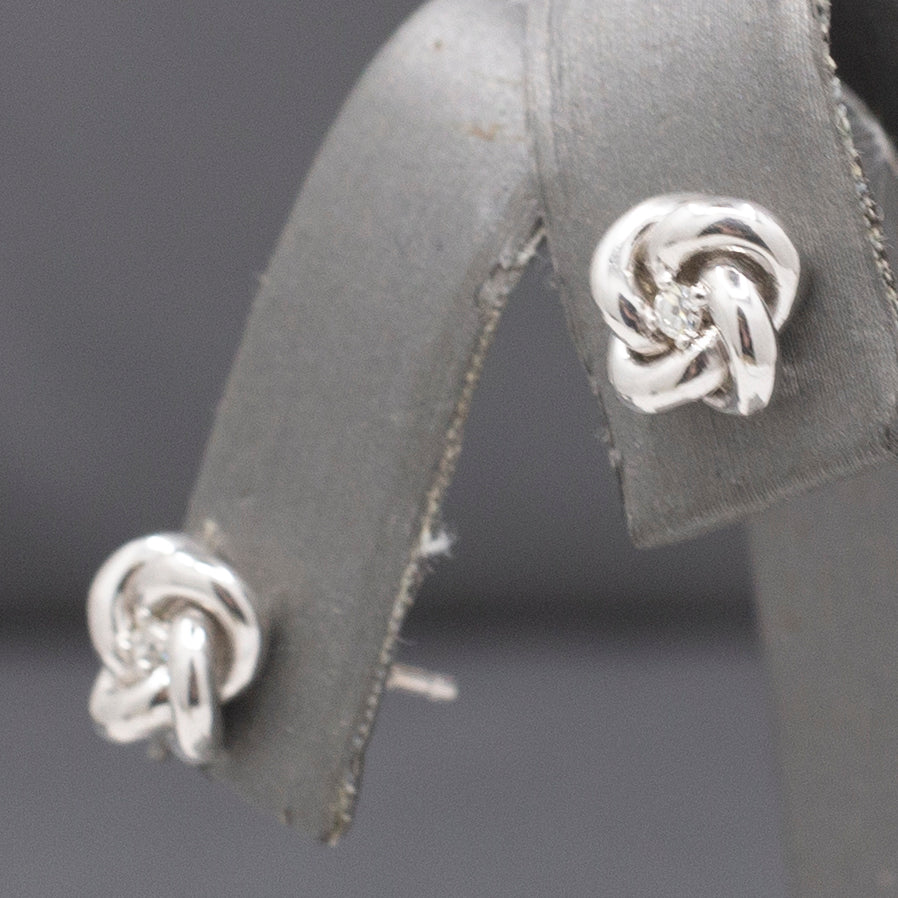 Petite Single Cut Diamond Love Knot Earrings in 14k Solid White Gold
