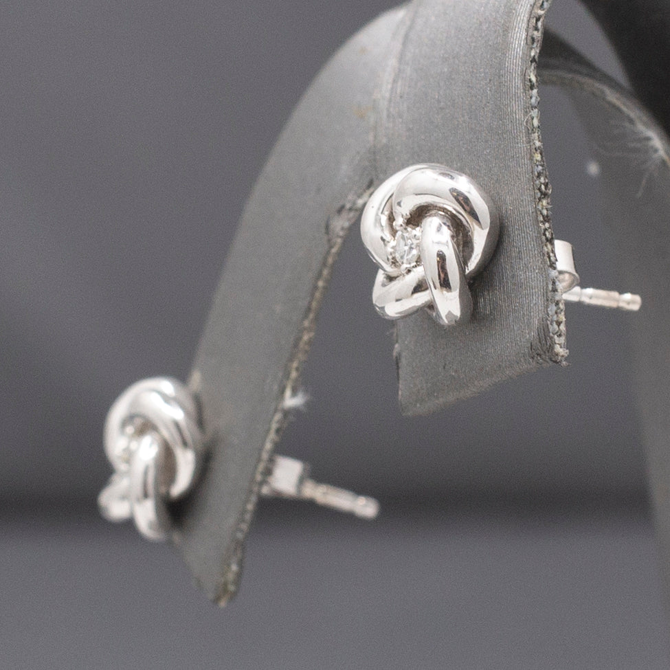 Petite Single Cut Diamond Love Knot Earrings in 14k Solid White Gold