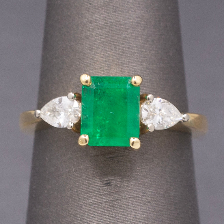 Vintage Emerald and Pear Cut Diamond Ring in 18k Yellow Gold