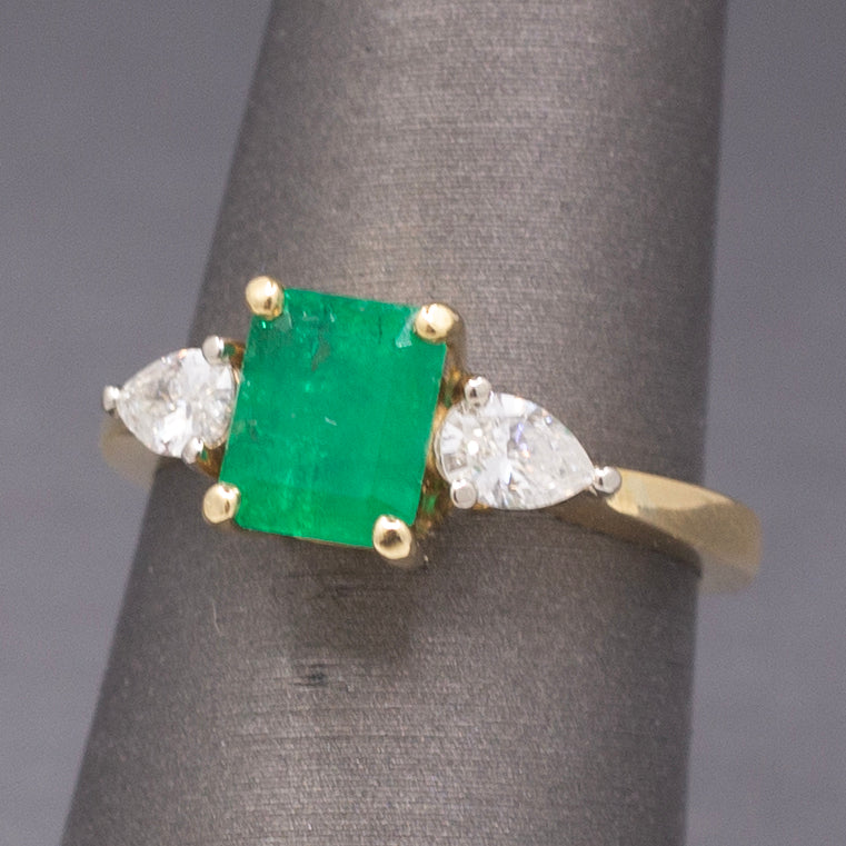 Vintage Emerald and Pear Cut Diamond Ring in 18k Yellow Gold