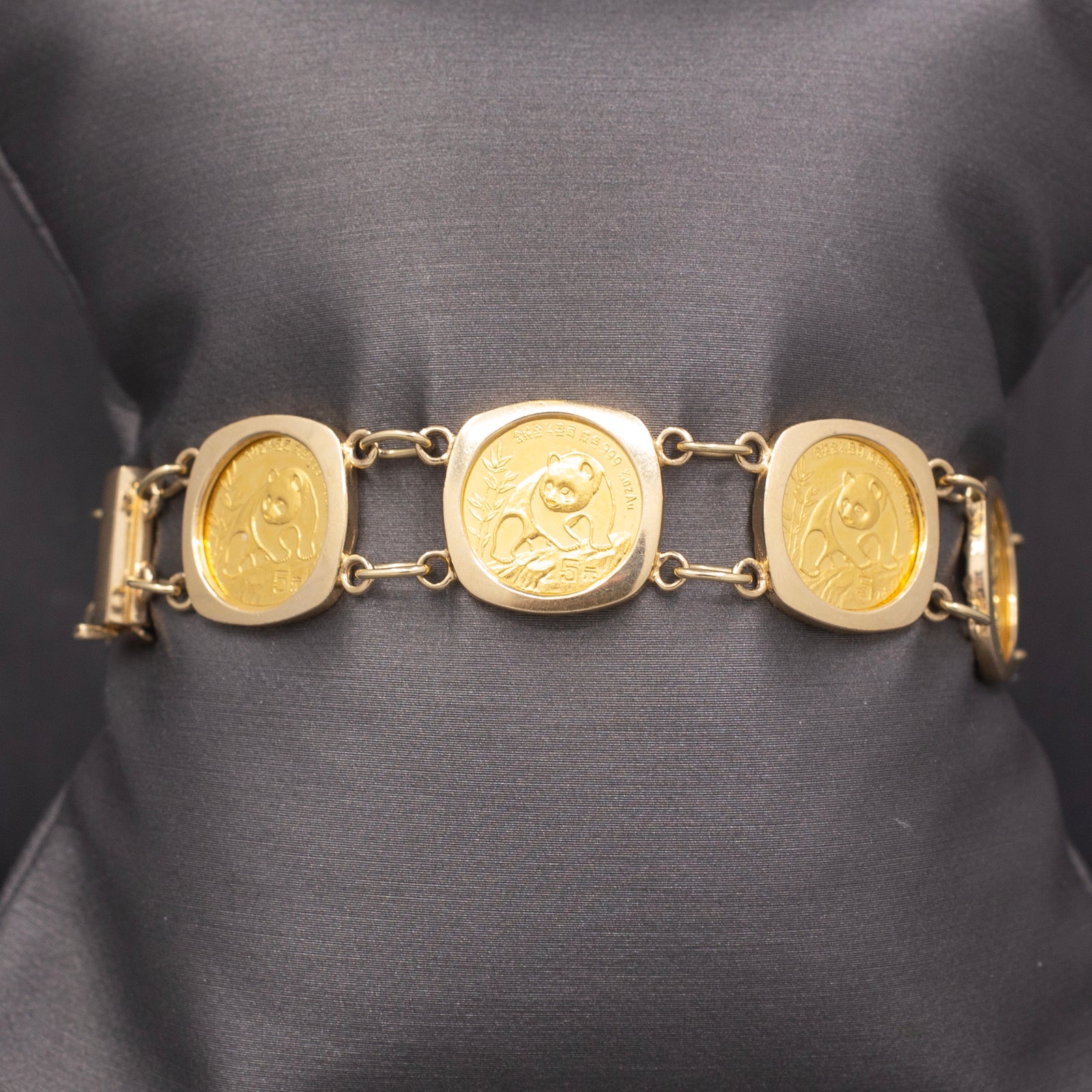 Vintage 5 Yuan Panda Coin Bracelet with Eight 1990 Coins in 14k Yellow Gold