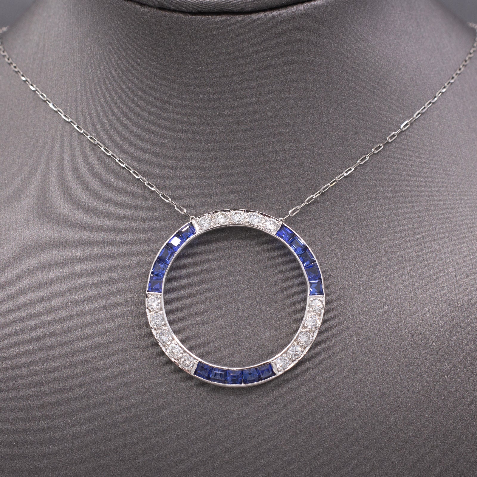 Vintage Sapphire and Diamond Circle Infinity Necklace in Platinum