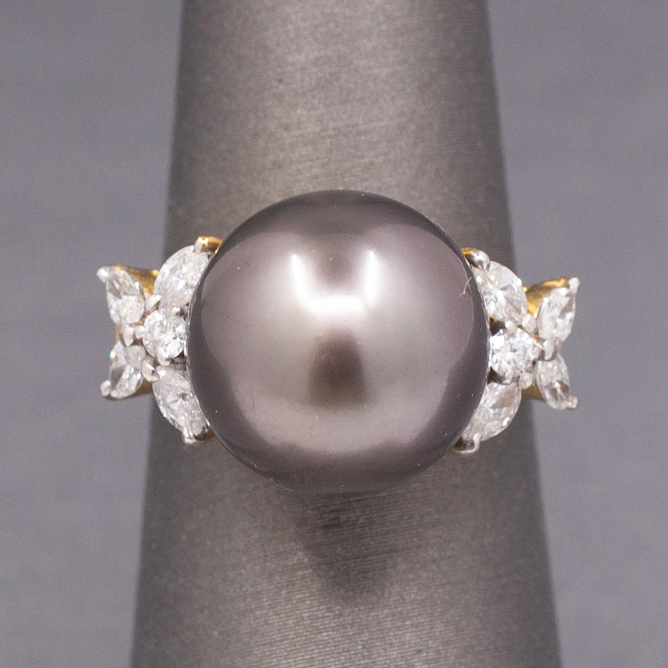 Black Tahitian Pearl and Marquise Diamond Cocktail Ring in 14k Yellow Gold
