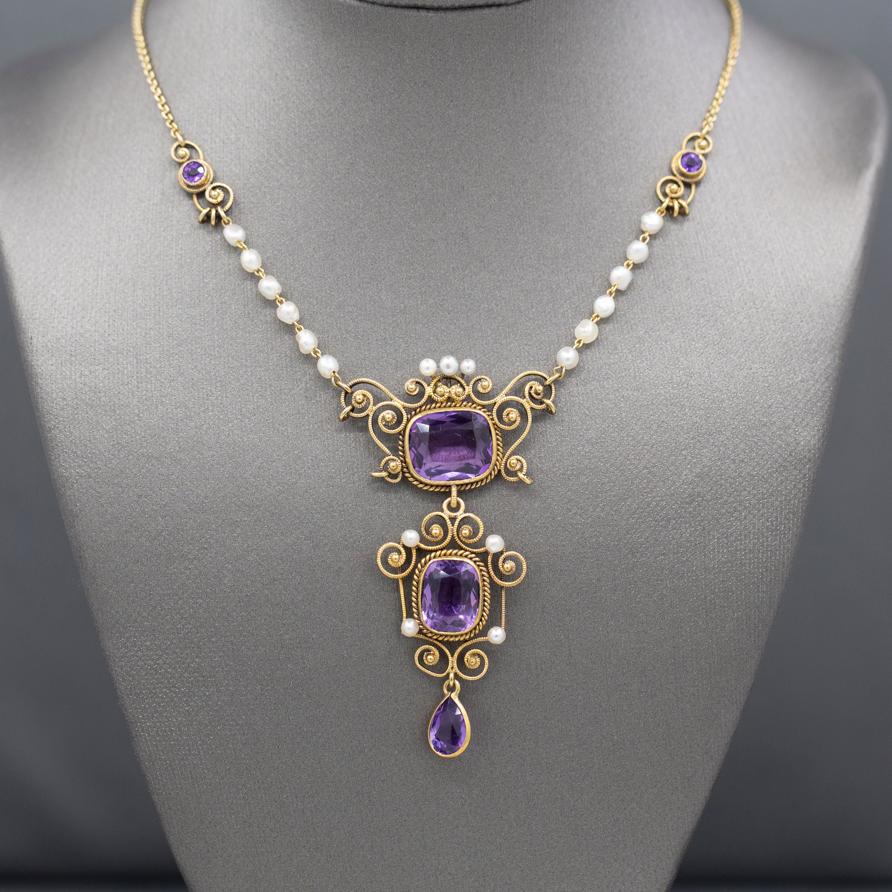 Antique Victorian Amethyst and Seed Pearl PendaAntique Victorian Amethyst and Seed Pearl Pendant Necklace in 14k Yellow Goldnt Necklace in 14k Yellow Gold