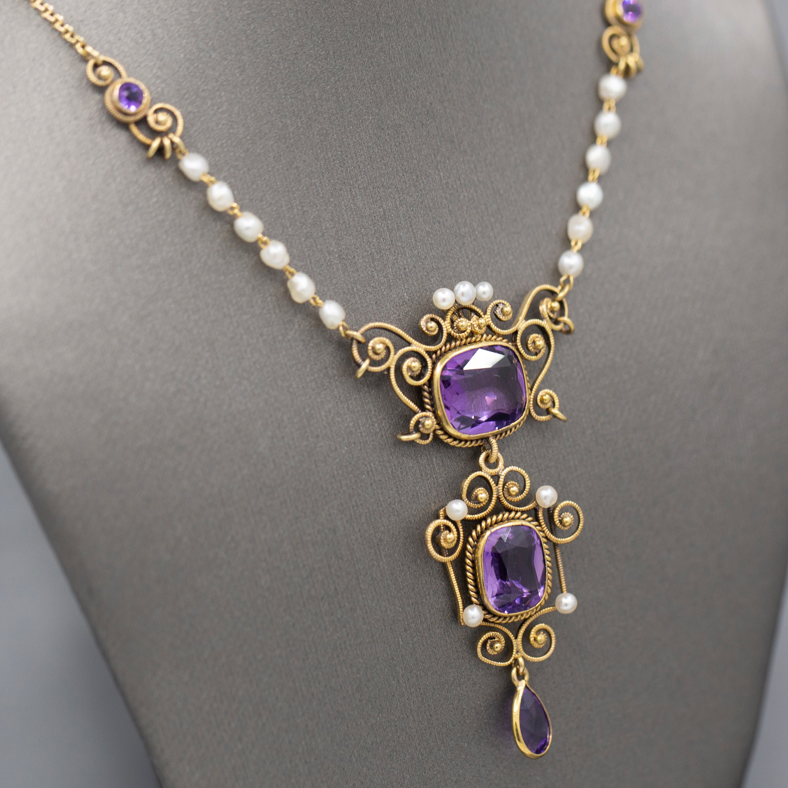Antique Victorian Amethyst and Seed Pearl Pendant Necklace in 14k Yellow Gold