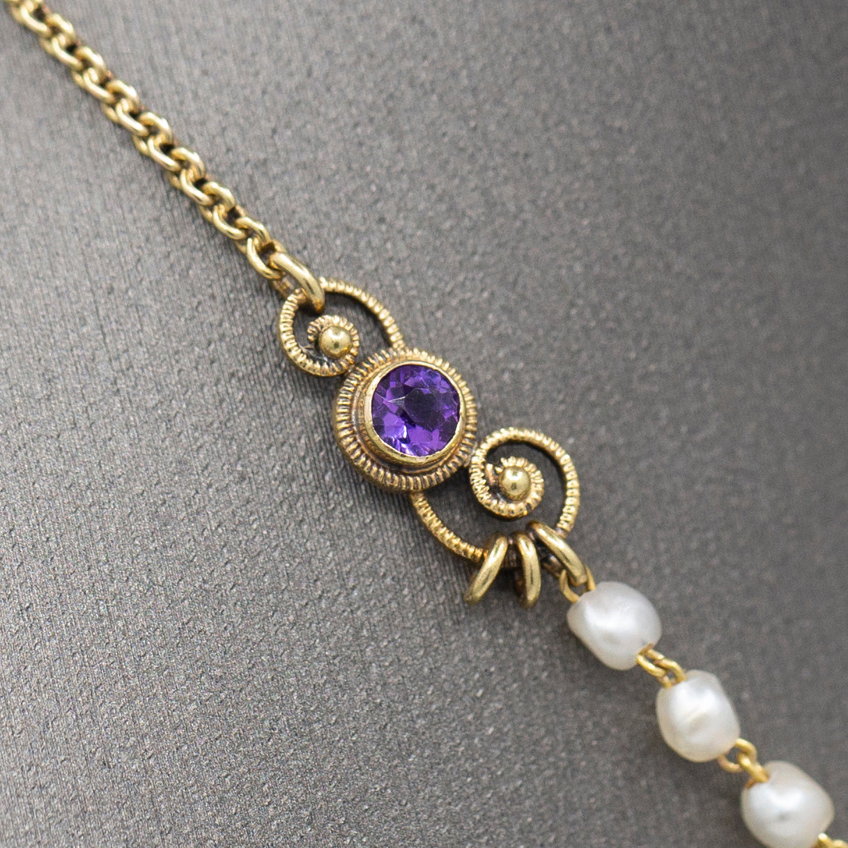 Antique Victorian Amethyst and Seed Pearl Pendant Necklace in 14k Yellow Gold