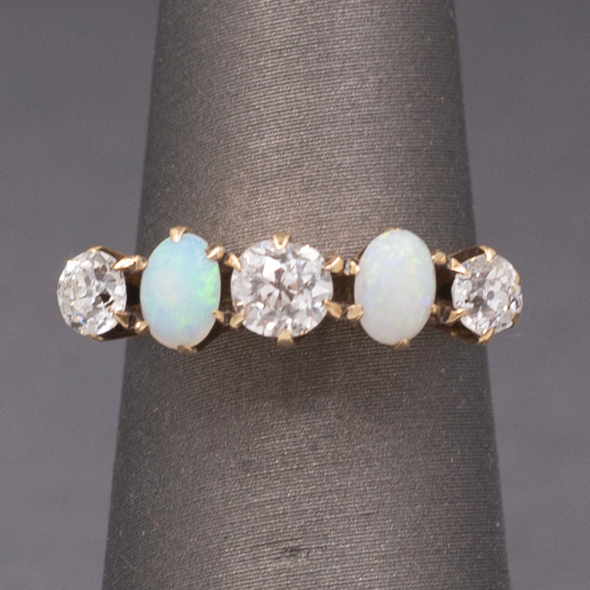 Antique Victorian Opal and Old Mine Cut Diamond Band Ring in 14k Rose Gold